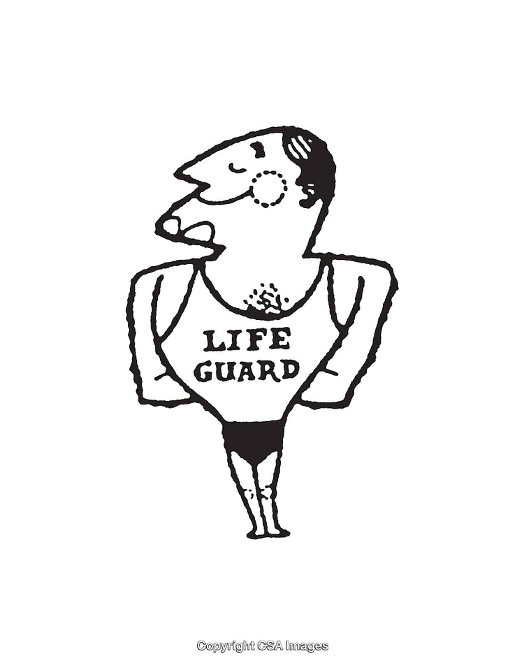 Black and White Line Art Illustration of a Cartoon Lifeguard Character