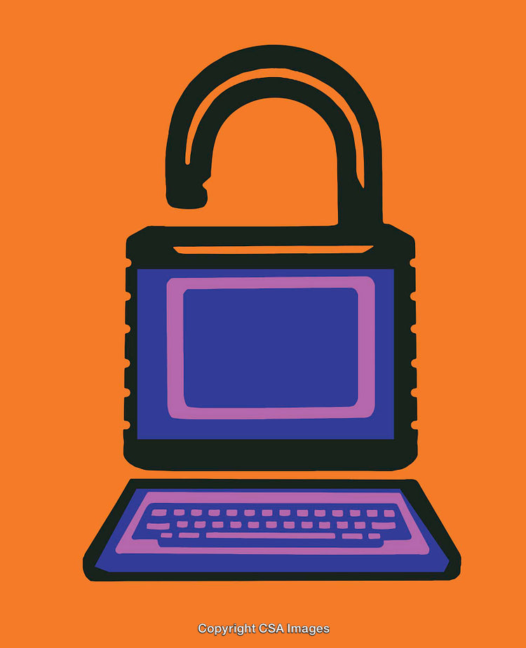 Illustration of a Computer Within an Open Padlock Symbol on Orange Background