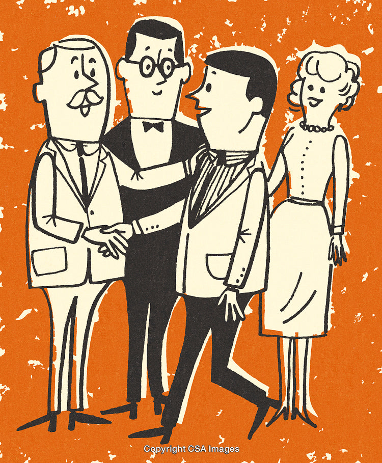 Vintage Illustration of Social Gathering with People Greeting Each Other