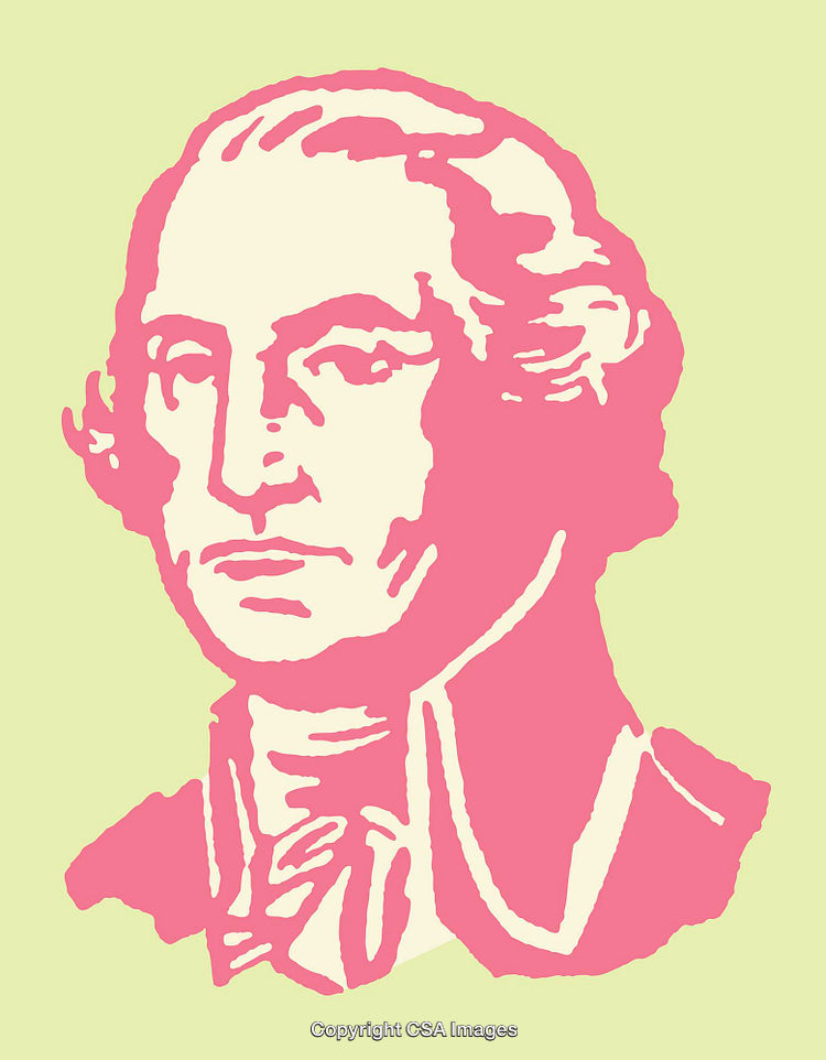 Vintage Style Pink and Green Portrait Illustration of Historical Figure