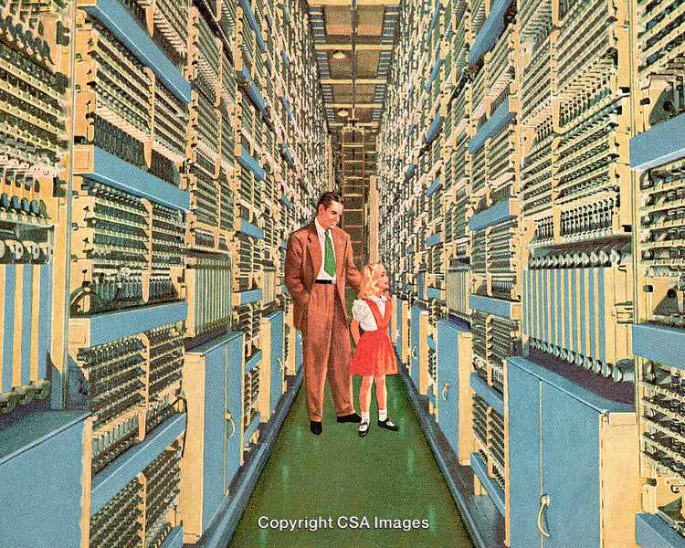 Vintage Illustration of Family Touring a Large Early Computer Room