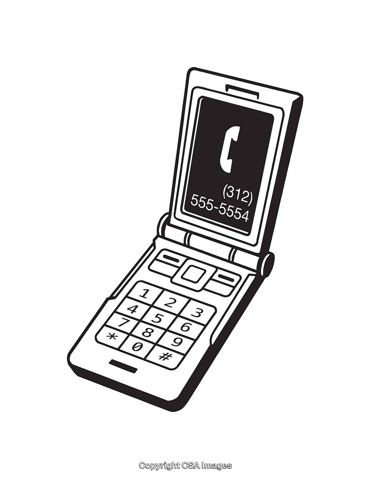 Black and White Flip Phone Line Art with Contact Display