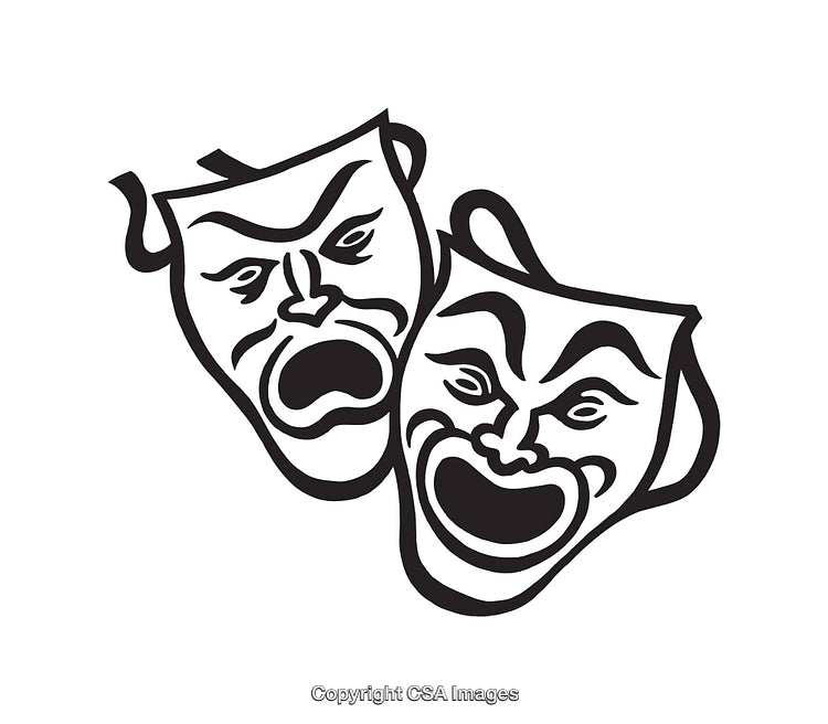 Stylized Black and White Illustration of Dramatic Theater Masks