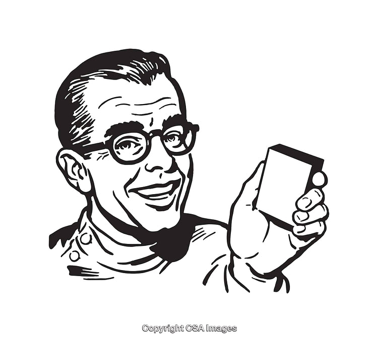 Vintage Black and White Line Art of Smiling Man Holding Object