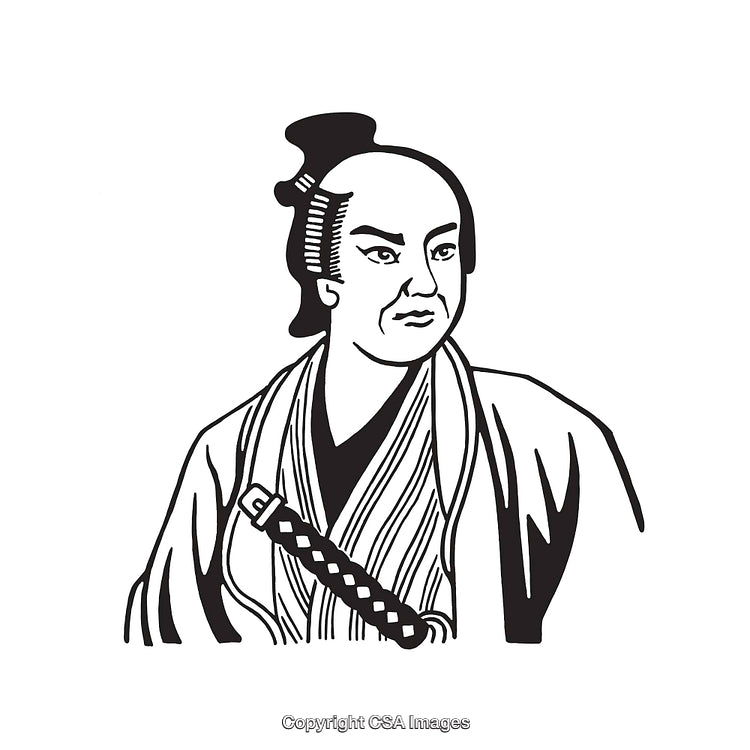 Traditional Japanese Samurai Portrait in Black and White Line Art