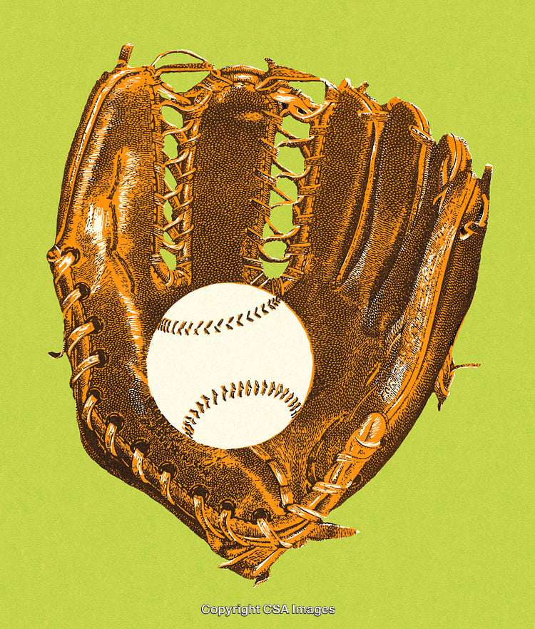 Vintage Baseball Glove Holding a White Ball on Green Background