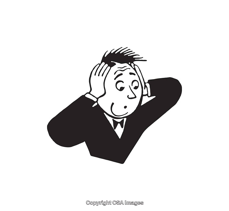 Black and White Illustration of a Surprised Man Holding His Head