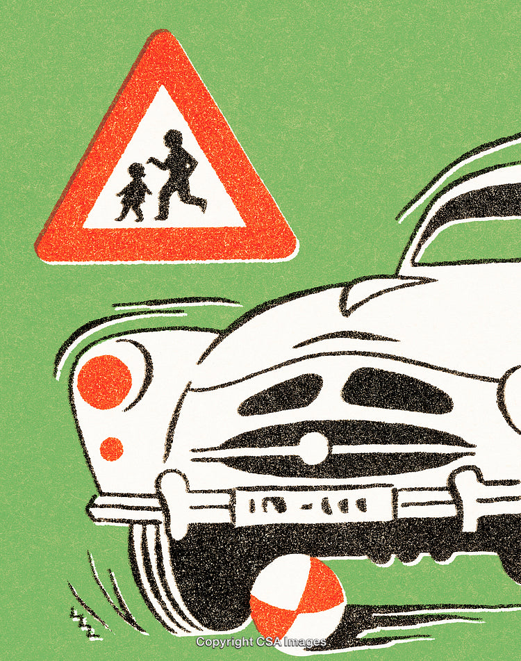 Illustration Highlighting Pedestrian Safety Around Cars and Cautionary Sign
