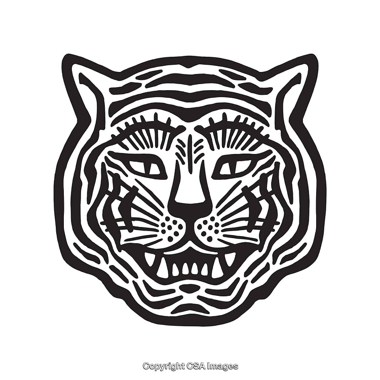 Stylized Black and White Line Art Illustration of a Tiger Face