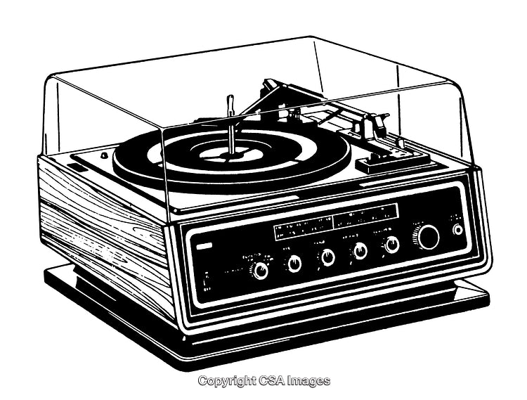 Detailed Black and White Engraving of a Vintage Record Player Design