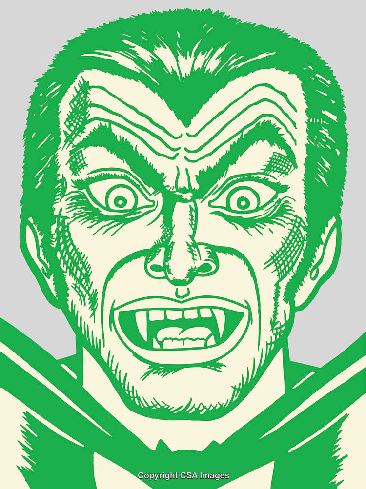 Green Line Art Illustration of a Vampire Face with Dramatic Expressions