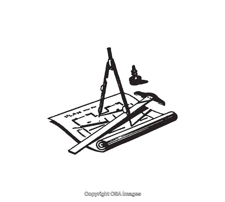 Black And White Line Art Illustration of Design Tools And Blueprint