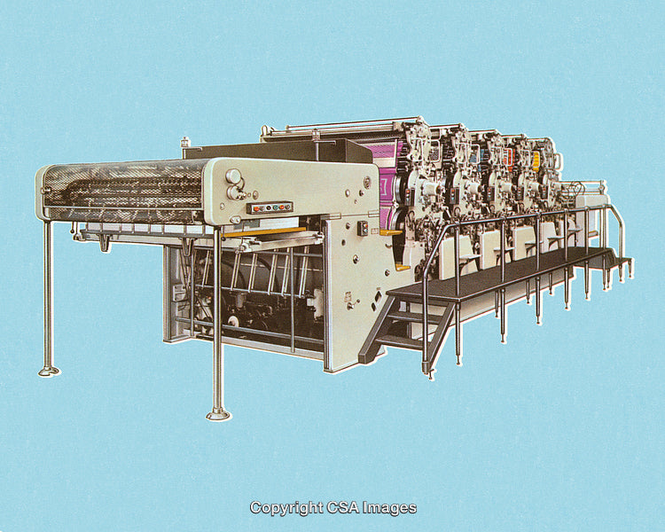 Modern Industrial Printing Machine on Bright Blue Background