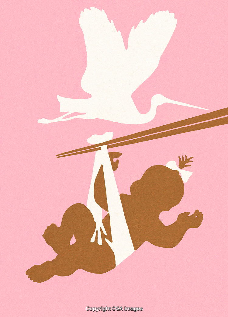 Illustration of a Stork Carrying a Baby Over a Pink Background