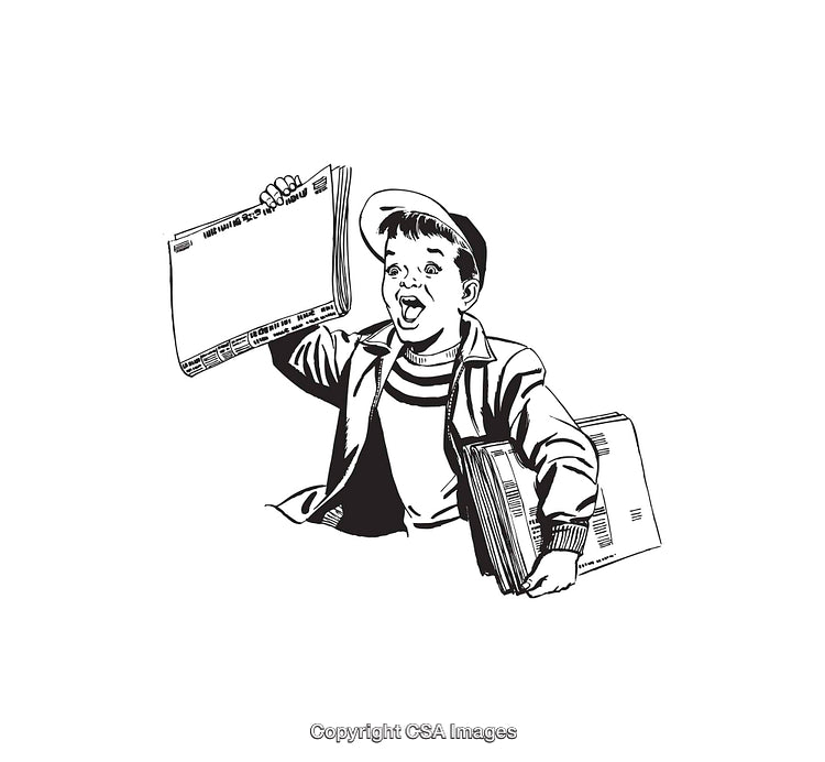 Vintage Line Art Illustration of a Newspaper Boy Selling Papers