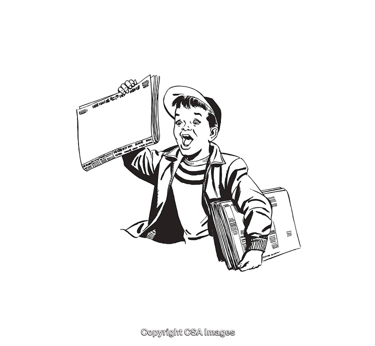 Vintage Line Art Illustration of a Newspaper Boy Selling Papers