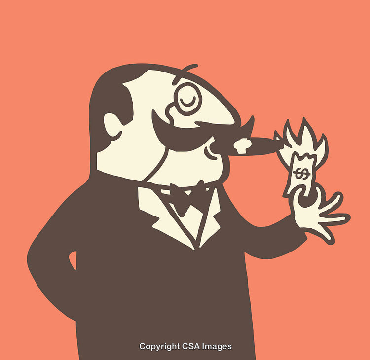 Cartoon Man Enthusiastically Burning Money in a Satirical Style