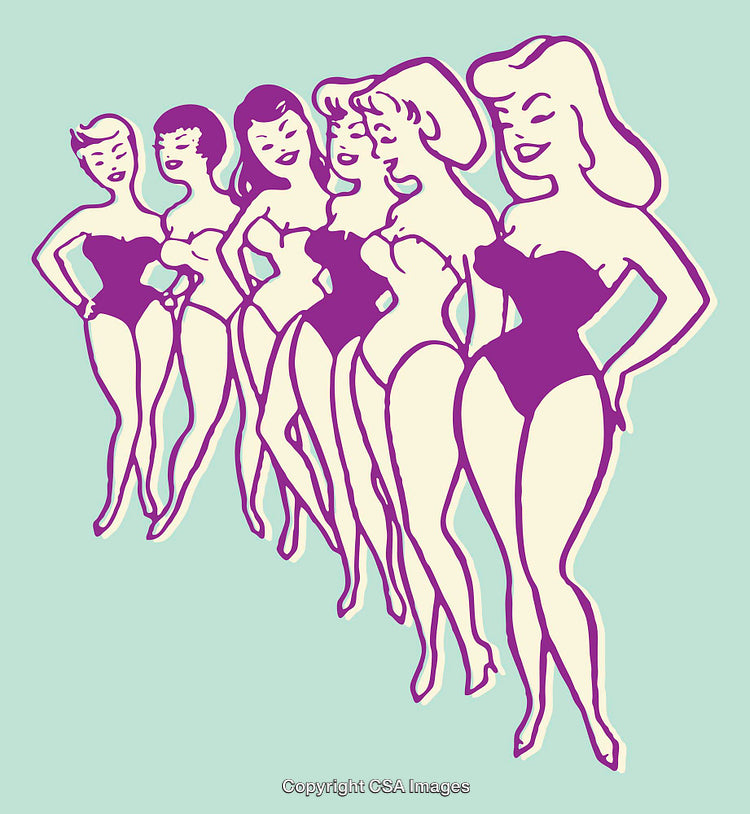 Colorful Retro Style Illustration of Women in Vibrant Purple Outfits