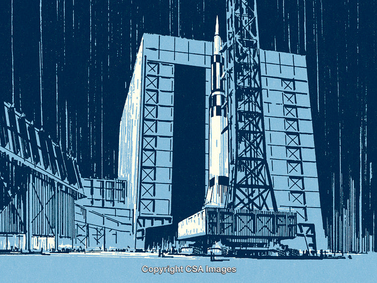 Illustration of a Space Rocket Near a Launch Tower and Assembly Building