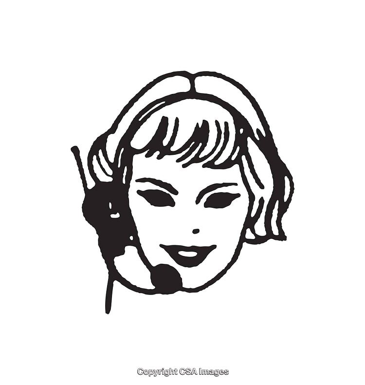 Vintage Black and White Illustration of a Woman Wearing a Headset