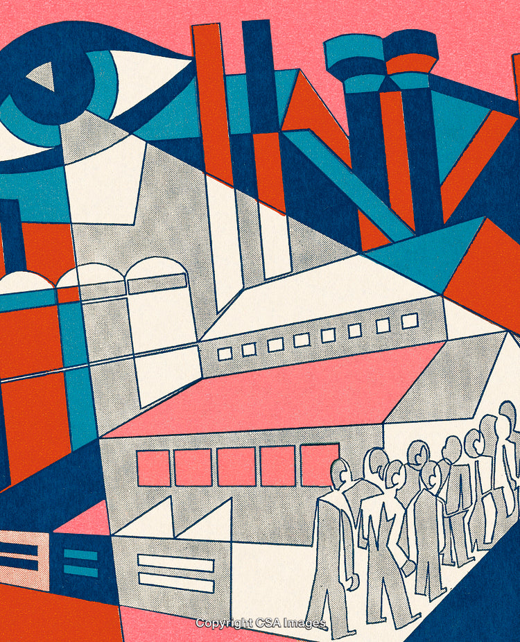 Abstract Depiction of Industrial Setting with Geometric Shapes and Figures