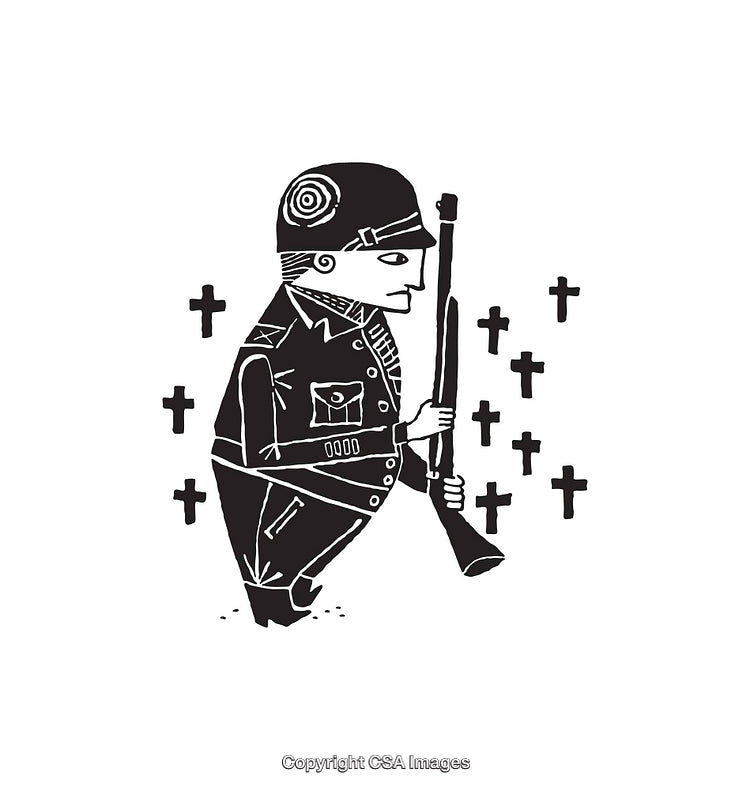 Black and White Illustration of a Soldier Among Crosses