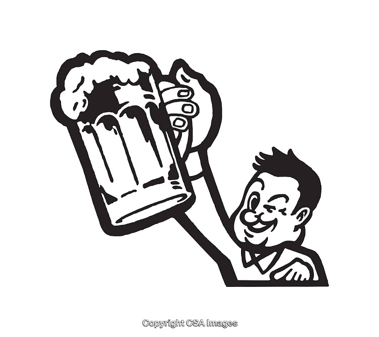 Black and White Illustration of Man Holding a Beer Mug Celebrating