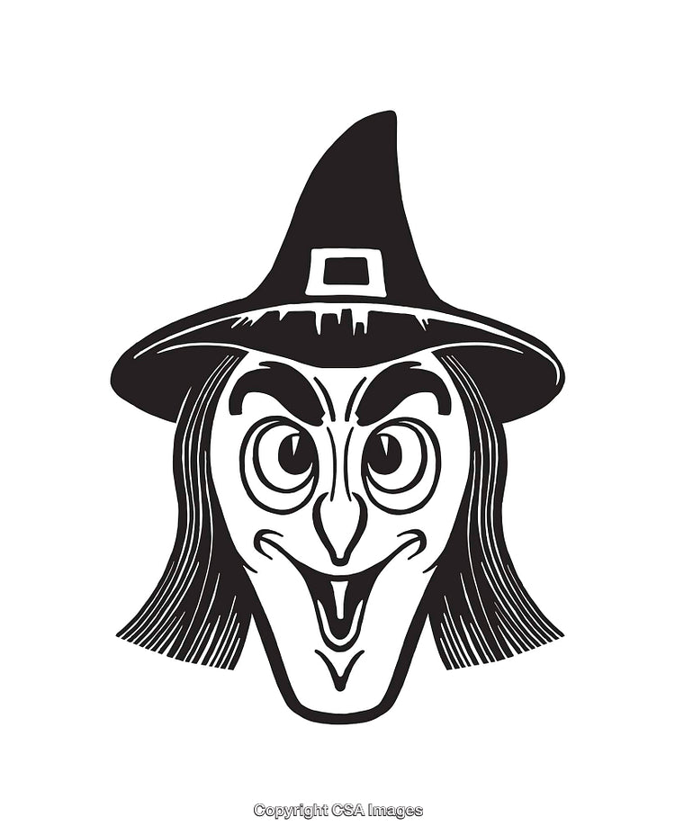 Black and White Illustration of a Witch Face in Line Art Style