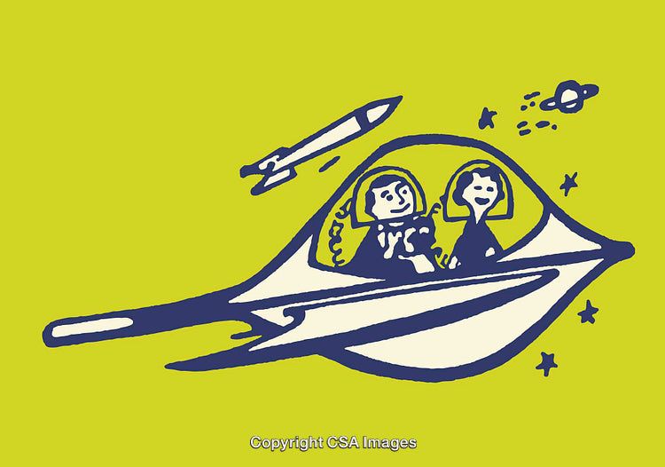 Whimsical Illustration of Space Travelers in a Futuristic Vehicle
