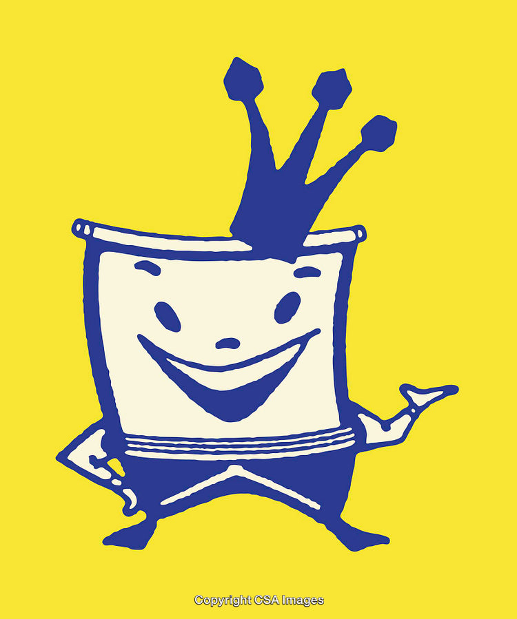 Cheerful Cartoon Character With Crown on Bright Yellow Background