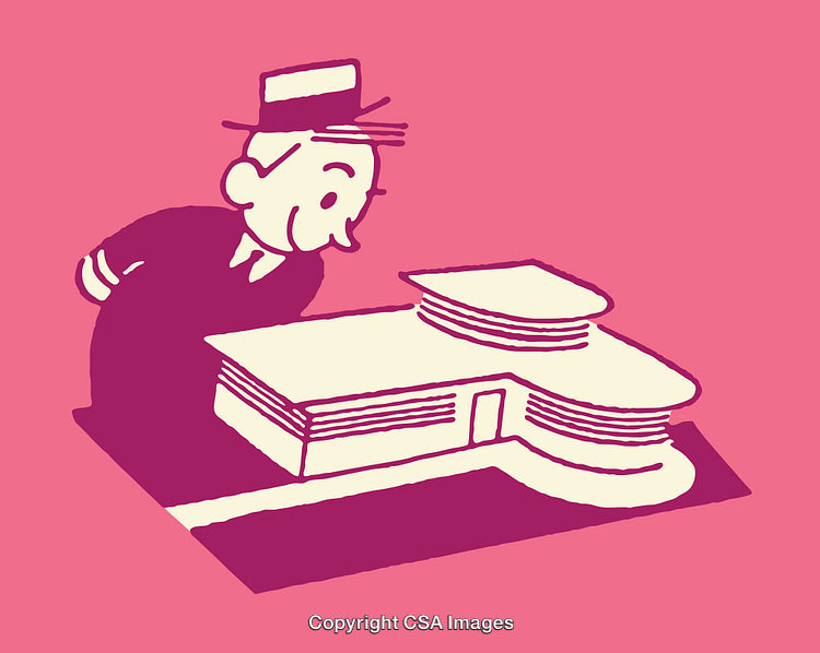 Retro Line Art Illustration of a Man Peering at Modern Architecture