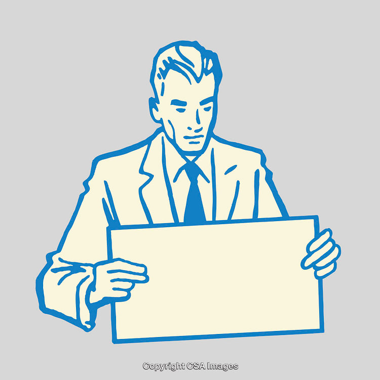 Vintage Line Art Illustration of Businessman Holding a Blank Sign