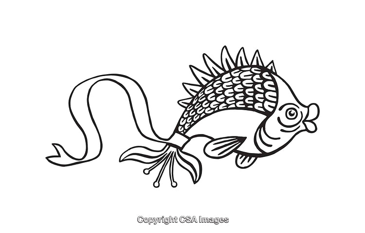 Detailed Black and White Line Art Illustration of a Stylized Fish