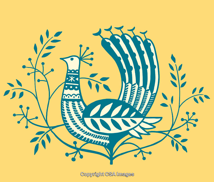 Artistic Line Drawing of a Stylized Bird with Decorative Details