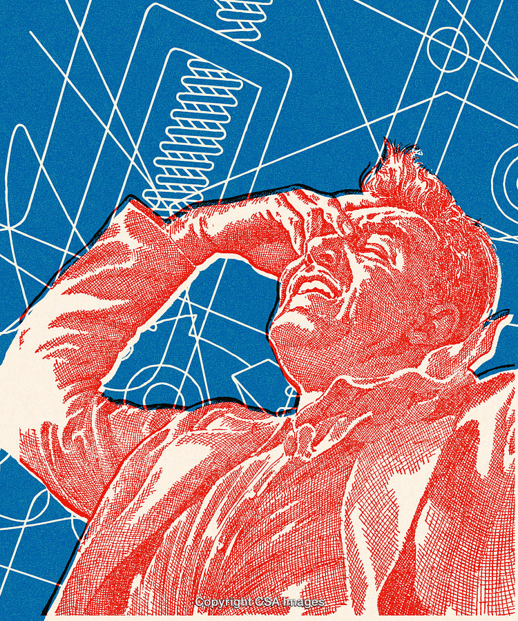 Retro Style Illustration of a Man Laughing Amid Scientific Designs
