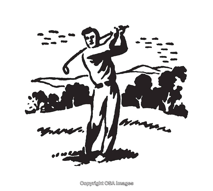 Black and White Illustration Depicting a Golfer Swinging on a Scenic Course