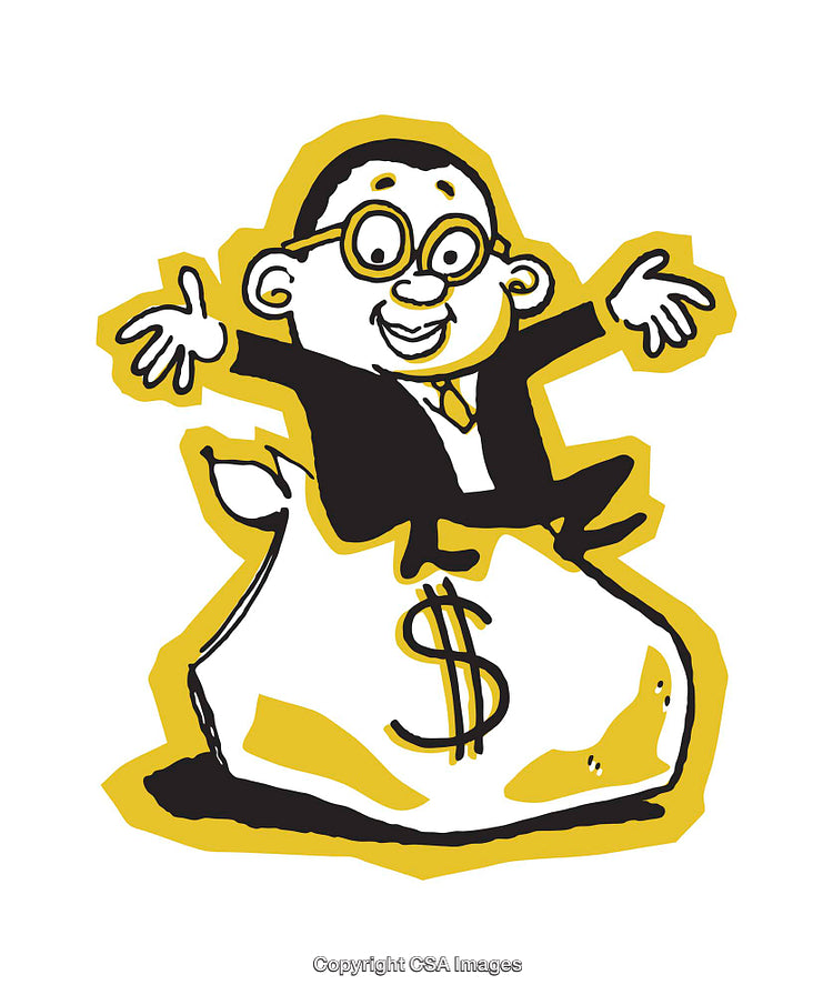 Cheerful Businessman Sitting on A Huge Dollar Money Bag Illustration