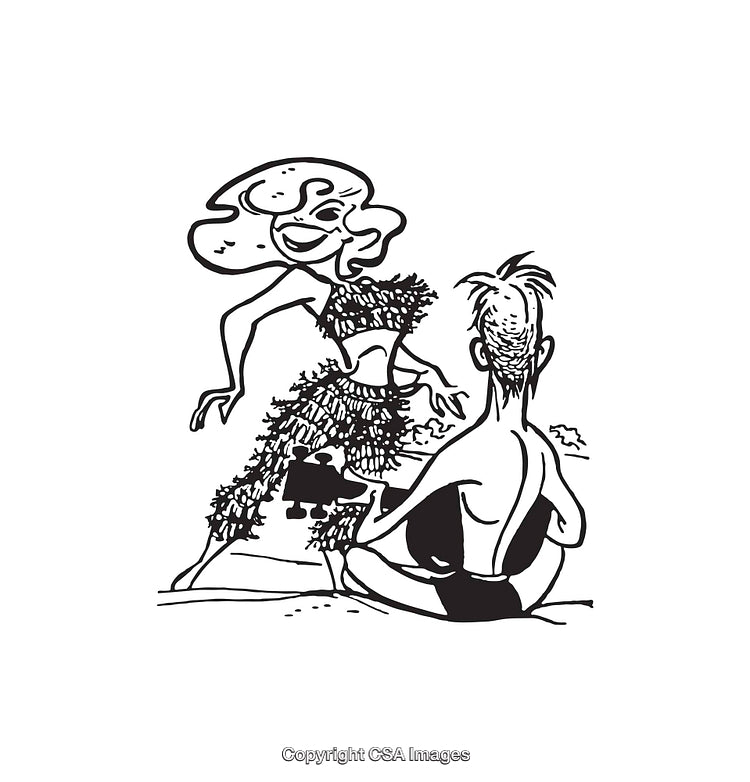 Comedic Black and White Line Art of a Beach Scene Interaction