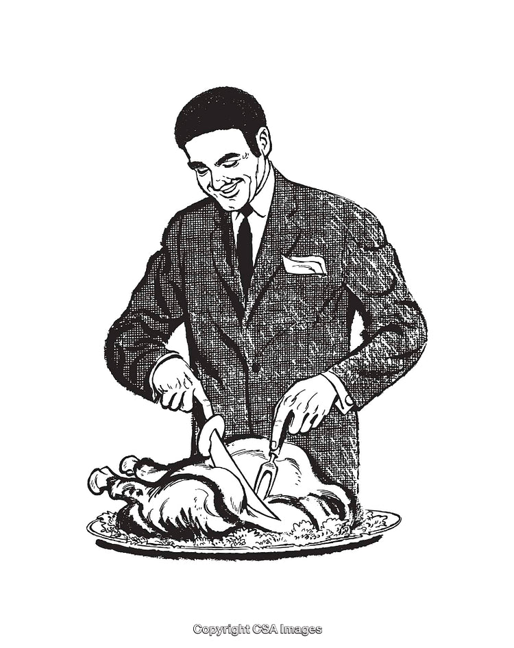 Vintage Illustration of a Man Carving a Holiday Turkey in Black and White