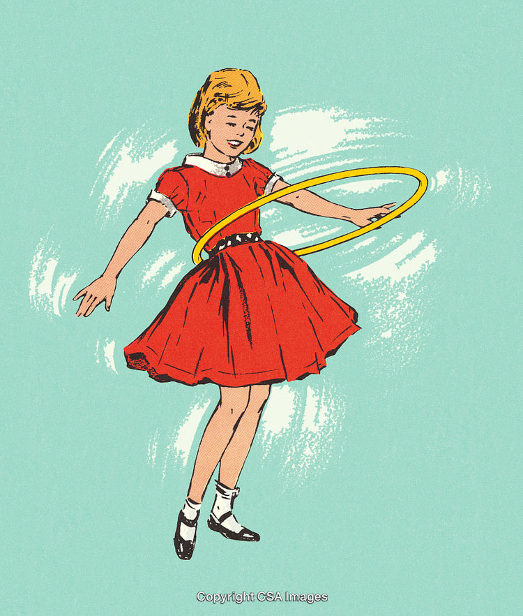 Vintage Illustration of a Girl Hula Hooping in a Red Dress