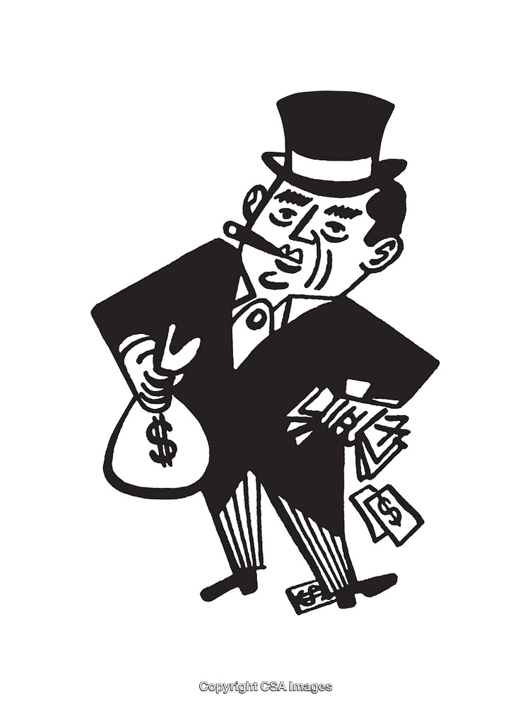 Black and White Illustration of a Wealthy Character Holding Money and a Bag
