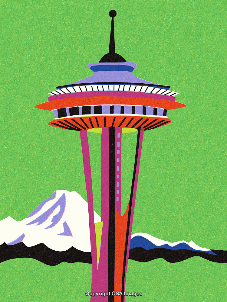 Colorful Illustration of Iconic Space Needle with Mountainous Backdrop