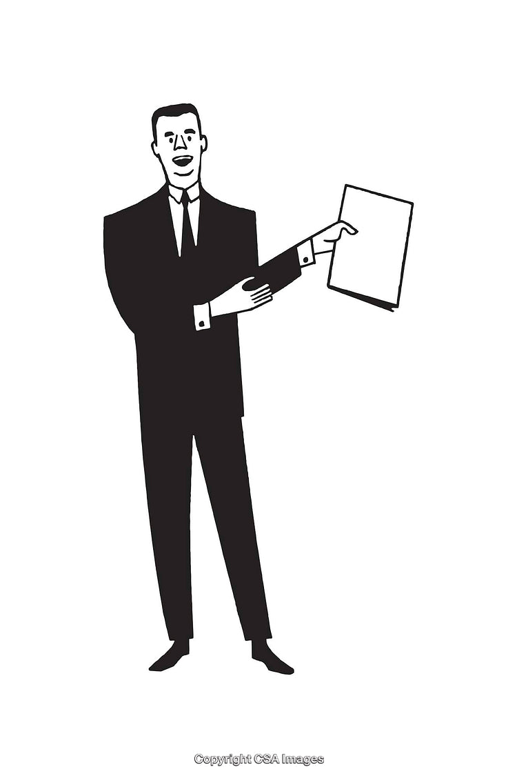 Retro Black and White Illustration of a Businessman Holding a Document