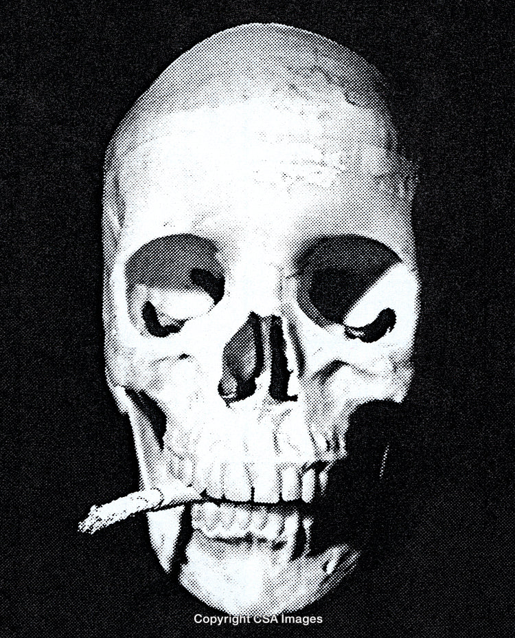 Monochrome Skull Illustration Featuring Smoking Concept in Dot Screen Style
