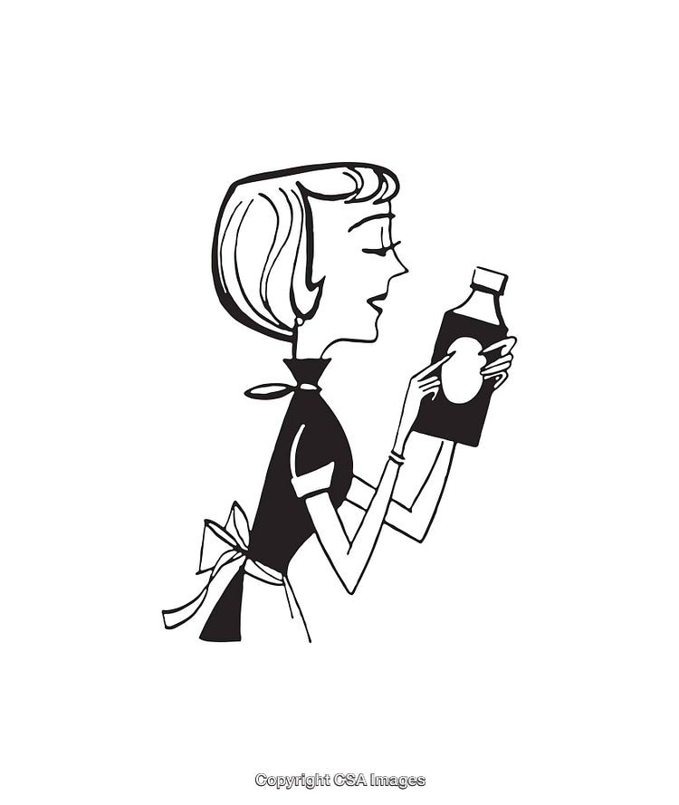 Retro Style Line Art of a Woman Examining a Bottle