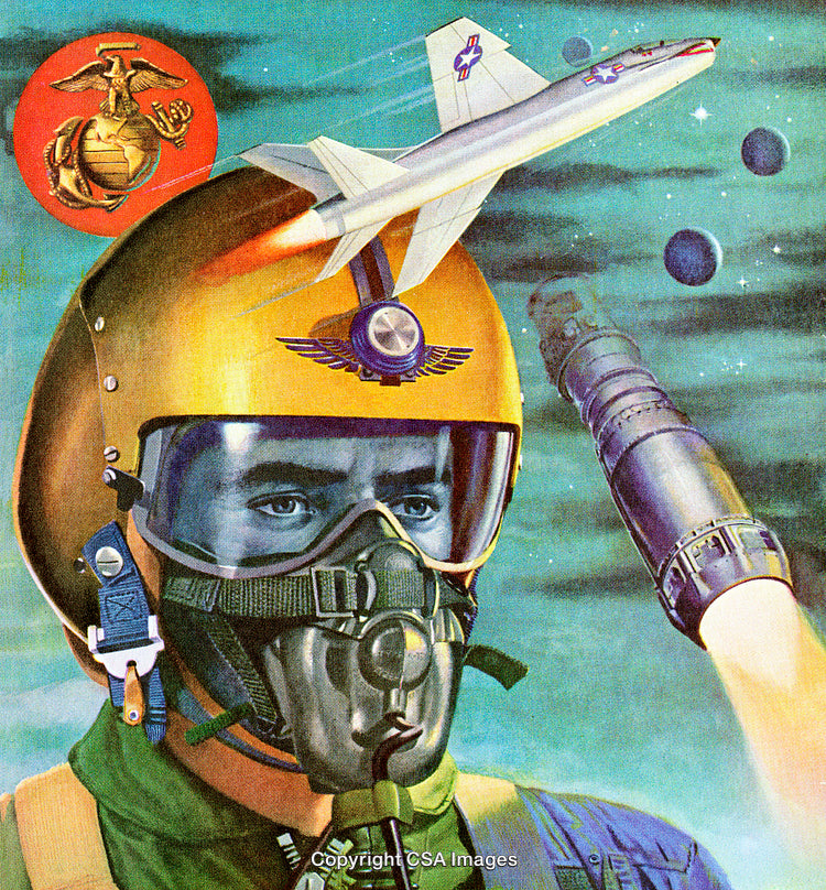 Retro Illustration of Aviation Space Pilot with Rocket and Aircraft