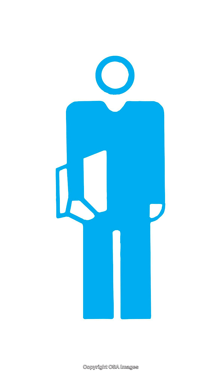 Blue Human Icon Holding a Book or Folder Symbol on White