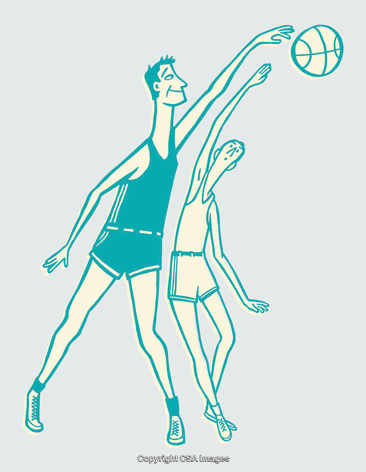Illustrated Basketball Game with Players Competing for the Ball