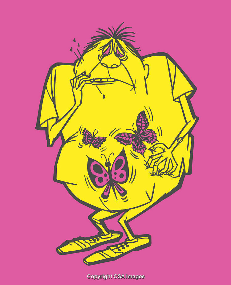Cartoon Depiction of Nervous Character with Butterflies in Stomach