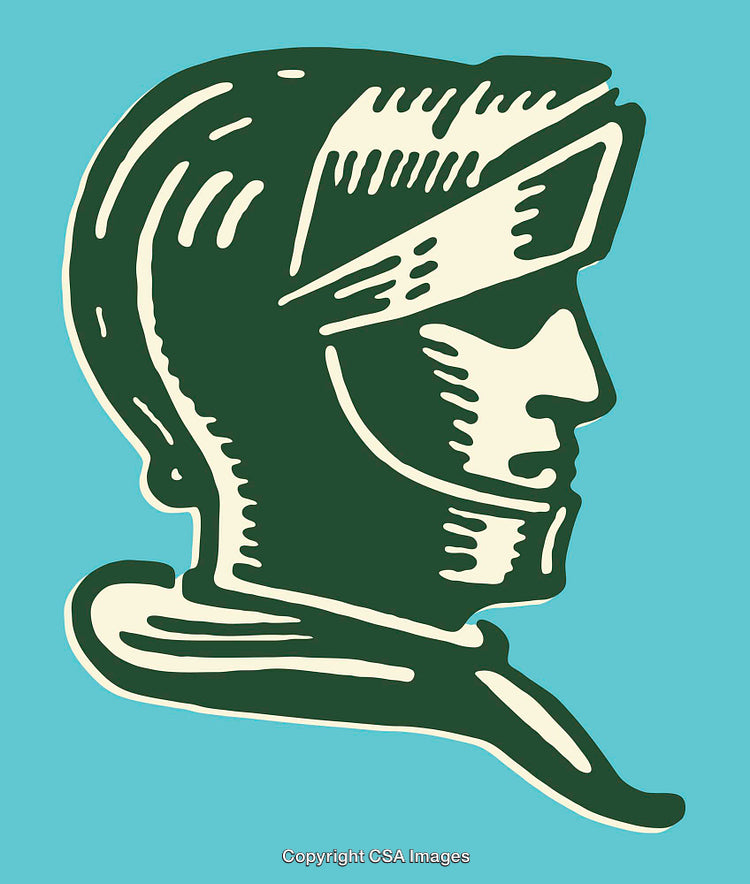 Retro Green Silhouette of a Helmetted Figure in Profile on Aqua Background